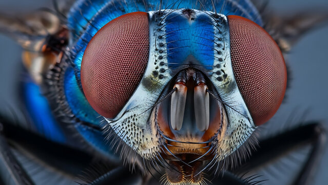 Stunning macro view of a metallic blue bottle fly, showcasing intricate details and vibrant colors, perfect for science enthusiasts and educational materials about insects