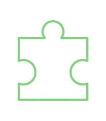 Flat outline of a jigsaw puzzle piece. Simple green silhouette of a boardgame piece with defined path and tile elements. Perfect for table toy concepts, play activities, or graphic designs in minimal