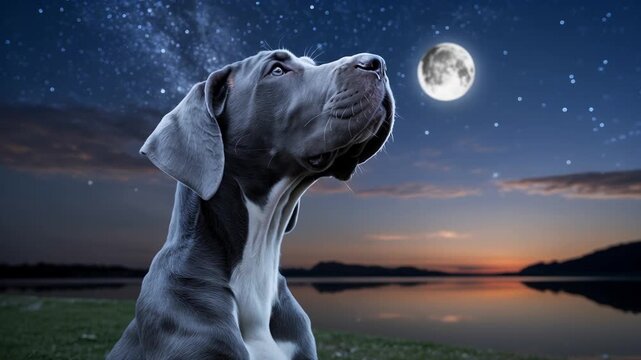 Majestic great dane puppy gazing at full moon in twilight landscape