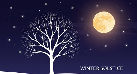 Celebrate the serene magic of winter solstice with a glowing full moon and snow falling gently on a bare tree, evoking peace and hope for new beginnings