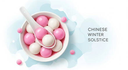 Celebrate Chinese Winter Solstice with Delicious Tangyuan Dumplings in Festive Pink and White Colors, Ideal for Holiday Greetings and Traditional Food Promotions