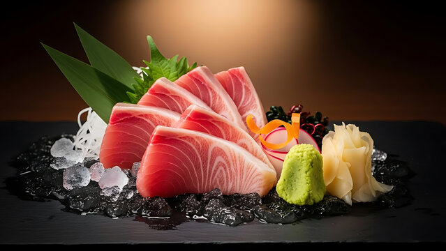 Experience delectable yellowfin tuna sashimi, elegantly presented with wasabi and ginger, promising a culinary adventure and authentic Japanese flavor for your next food project