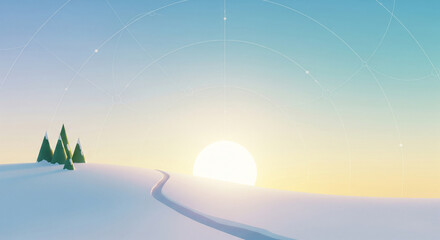 Dreamy winter landscape with snow-covered hills and rising sun, perfect for holiday greetings, serene backgrounds, and peaceful nature scenes in a minimalist style