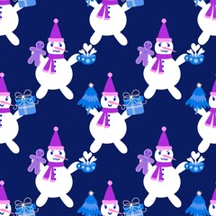 Christmas cartoon ice seamless snowman pattern for wrapping paper and fabrics