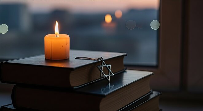 Golden light from a burning candle illuminates stacked holy books. A metallic Star of David pendant reflects the warm glow. Solemn evening marks Jewish remembrance, a spiritual fast day observance.