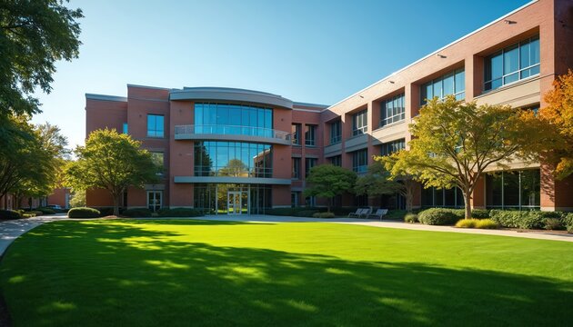 Modern brick university campus building with large windows, curved glass facade. Vibrant green lawn extends in front, bordered by trees, autumn foliage. Sunny day, clear blue sky over quiet academic