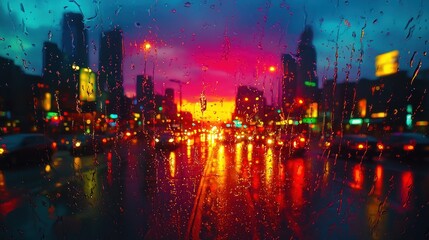 Obraz premium Blurred city street through rainy window, vibrant sunset colors, glowing urban lights