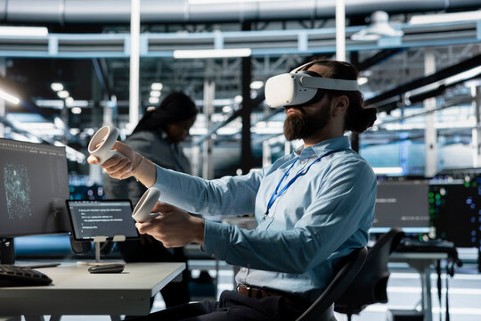 Technician using VR headset in data center, managing server virtualization, running scripts. Server hub IT expert using programming language in virtual reality, finetuning network protocols - Powered by Adobe