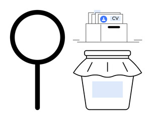 Job search concept. career exploration through a magnifying glass and resume file. Highlights navigation, job applications, and career planning. Ideal for recruitment, HR, employment resources