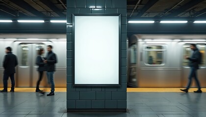 Empty advertisement frame on subway station pillar. People and fast moving train pass by. Blank poster space for your ad message. Urban commute advertising display.