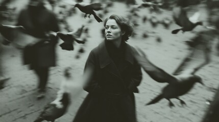 Fototapeta premium A woman standing in a busy city square surrounded by flying pigeons during the day, showcasing a moment of contemplation amidst the bustling crowd