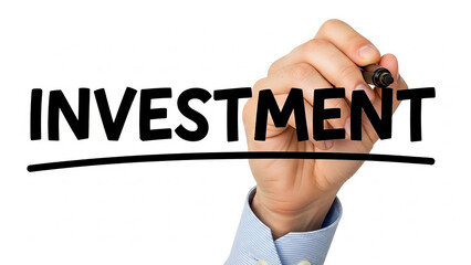 A hand holding a marker underlining the word investment written in bold black letters on a white background