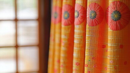 Closeup of vibrant orange pleated curtain with red circular patterns, sunlit by blurred window