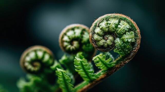Close-up of three vibrant green fern fiddleheads unfurling, revealing intricate spirals