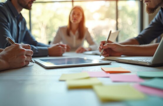 Business professionals collaborate in modern office meeting. Team members discuss creative ideas, reviewing data on tablet, laptop. Take notes with pens on paper, planning new marketing strategy.