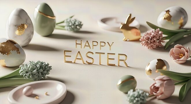 Happy Easter greeting, decorated eggs, golden bunny figure, spring flowers, design element for cards,