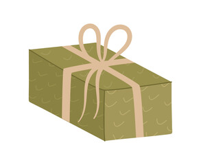 Eco kraft gift box with ribbon and bow in flat trendy green style. Present container for holiday or christmas, modern graphic concept and stylish surprise decor.
