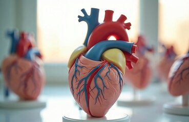 Detailed human heart model used for medical education, biology study. Clearly shows human anatomy, including major arteries, veins, chambers. Science display aids understanding of cardiovascular