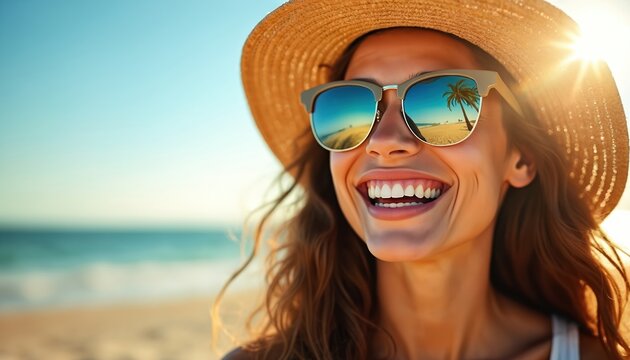 Smiling woman relaxes at seaside. Joyful female with straw hat and sun glasses enjoys vacation. Beach reflection in glasses lens. Summer travel lifestyle. Natural beauty at bright light. - Powered by Adobe
