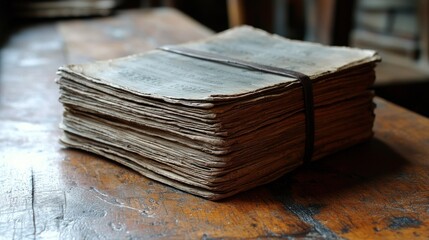 Detailed view aged, yellowed, rough-edged papers bound on a rustic wooden table