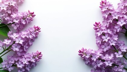 Purple lilac flowers on white background. Lilac branches with green leaves. Spring floral arrangement. Fresh violet flowers. Blossom decoration for wedding invitation or greeting card.