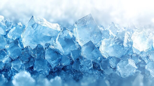 Detailed close-up of blue and white ice chunks, some glistening, forming a cold texture