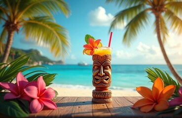 Naklejka premium Tropical tiki bar with ocean view. Cocktail with fruit and straw sits on wooden table. Palm trees and flowers frame beachside paradise scene. Refreshing drink.