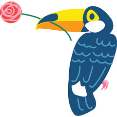 Obraz premium Stylized Toucan Bird With A Pink Rose In Its Beak Against A White Background Vector Illustration