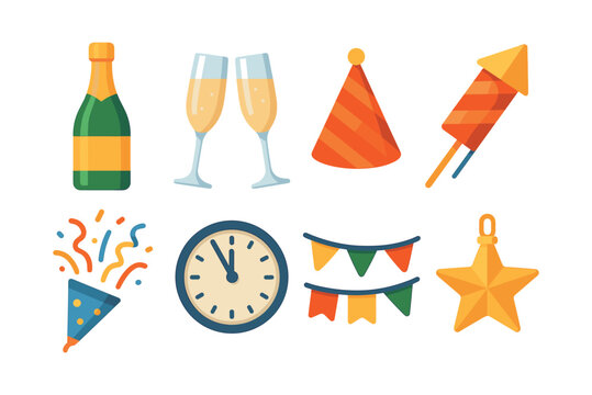 New year celebration icons, flat vector illustration, champagne, fireworks, party hats - Powered by Adobe