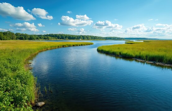 Blue river winds through vibrant green marshland under a clear blue sky with fluffy clouds. Calm water reflects sky and trees. Peaceful natural landscape.