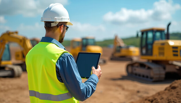 Engineer works at construction site. Supervisor inspects excavators using tablet. Construction worker in safety hard hat, vest oversees project on sunny day. Civil engineering development industry.
