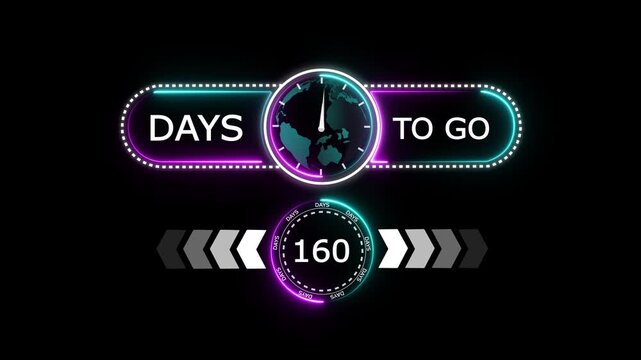 160 Days to go glowing neon countdown timer icon.Minimal countdown timer animation days to go.Count time display with black background, label button ,promotion clock sign business concept.with video.
