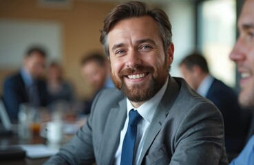 Naklejka premium Happy business man attends team meeting. Office workers brainstorm in boardroom. Positive leader discusses new project plan with team. Smiling pro person listens to coworker at conference. Mature
