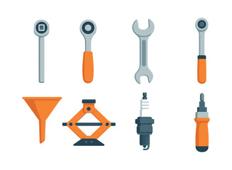 Obraz premium Automotive tools set, wrench, ratchet, flat vector illustration