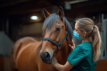 Veterinarian Examining a Horse in a Stable