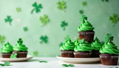 Chocolate cupcakes with bright green frosting, shamrock toppers arranged on white table. Sweet desserts celebrate St Patricks Day. Festive baked goods bring cheer to holiday table for family fun,
