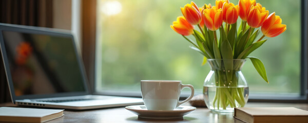 White coffee cup sits near glass vase with orange yellow tulips. Laptop and book rest on wooden table. Blurred green nature background sunlight streams through window.