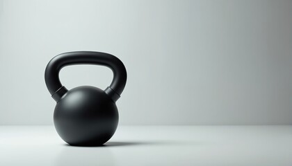 Obraz premium Black kettlebell stands on white surface. The gym equipment is isolated in studio against gray background. Sport object for weightlifting training. Fitness concept with space for text.
