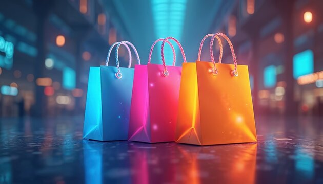 Three bright digital shopping bags stand on dark glowing floor. Colorful bags represent innovative online retail, modern e-commerce, new consumer tech services. Shows futuristic vision of shopping,