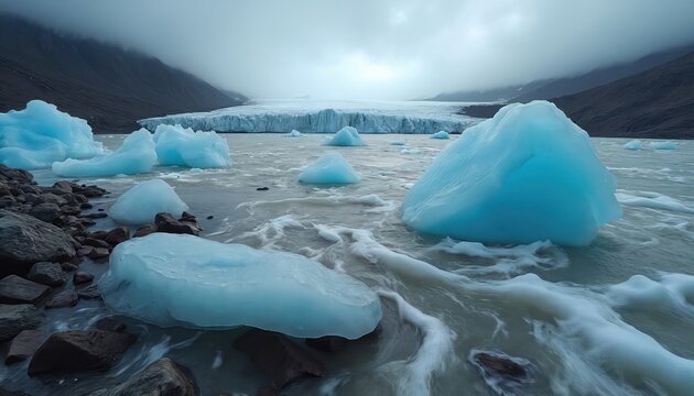 Glacial lagoon with melting icebergs flows toward distant glaciers. Mountains covered by fog. Scenic nature demonstrates global warming, climate change impacts on polar region environment surface