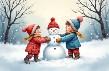Two kids joyfully build snowman in snowy forest. Children wear warm winter clothes and hats. They laugh and work together on cold frosty day outside.