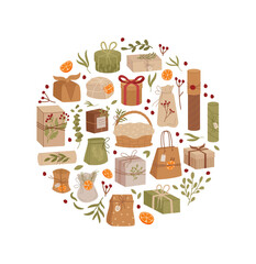 Trendy round kraft gift box flat style. Holiday present and green package with graphic elements, modern and stylish in look. Perfect as festive decor or seasonal background visual.