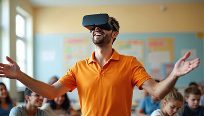 Teacher wearing VR headset standing in classroom. Excited man demonstrates virtual reality tech for students. Innovative teaching methods. Modern education. Interactive lesson. VR for learning. Group