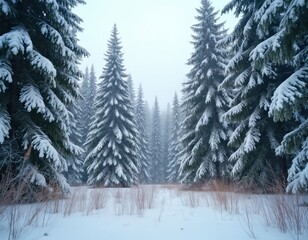 Snowy forest with fir trees on cold cloudy winter day. Woodland is covered by snow. Frosty weather landscape view. Evergreen trees stand covered in fresh snow in a silent wild nature.