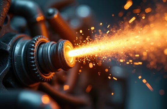 Diesel fuel injector sprays fine mist. Engine assembly close up shows fuel delivery precision. Automotive tech, industrial design, mechanical component, hydraulic system, internal combustion,