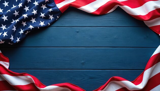 American flag borders dark blue wooden surface. Stars and stripes frame empty space for text or design. Us symbol of patriotism and freedom.