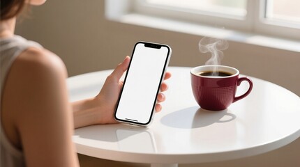 Woman holding smartphone with blank screen near steaming coffee cup on white table by window