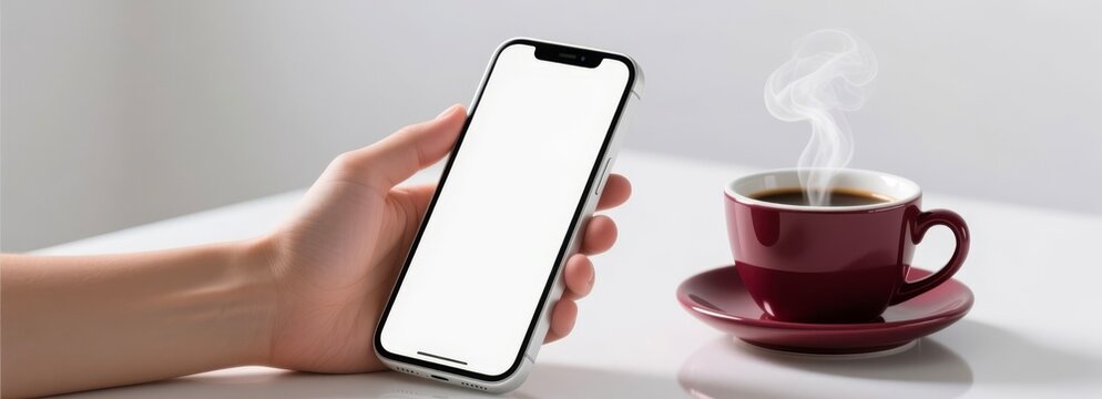 Hand holding smartphone with blank screen beside steaming coffee cup on white table