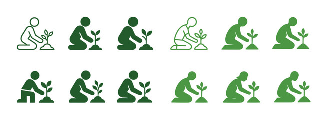 Diverse green human pictograms of people planting seedlings