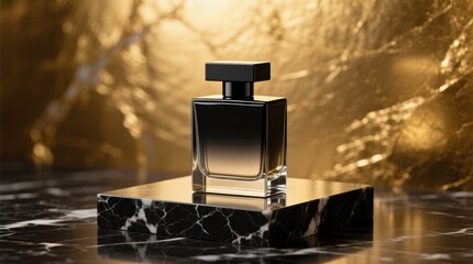Luxury perfume bottle on marble base with golden backdrop